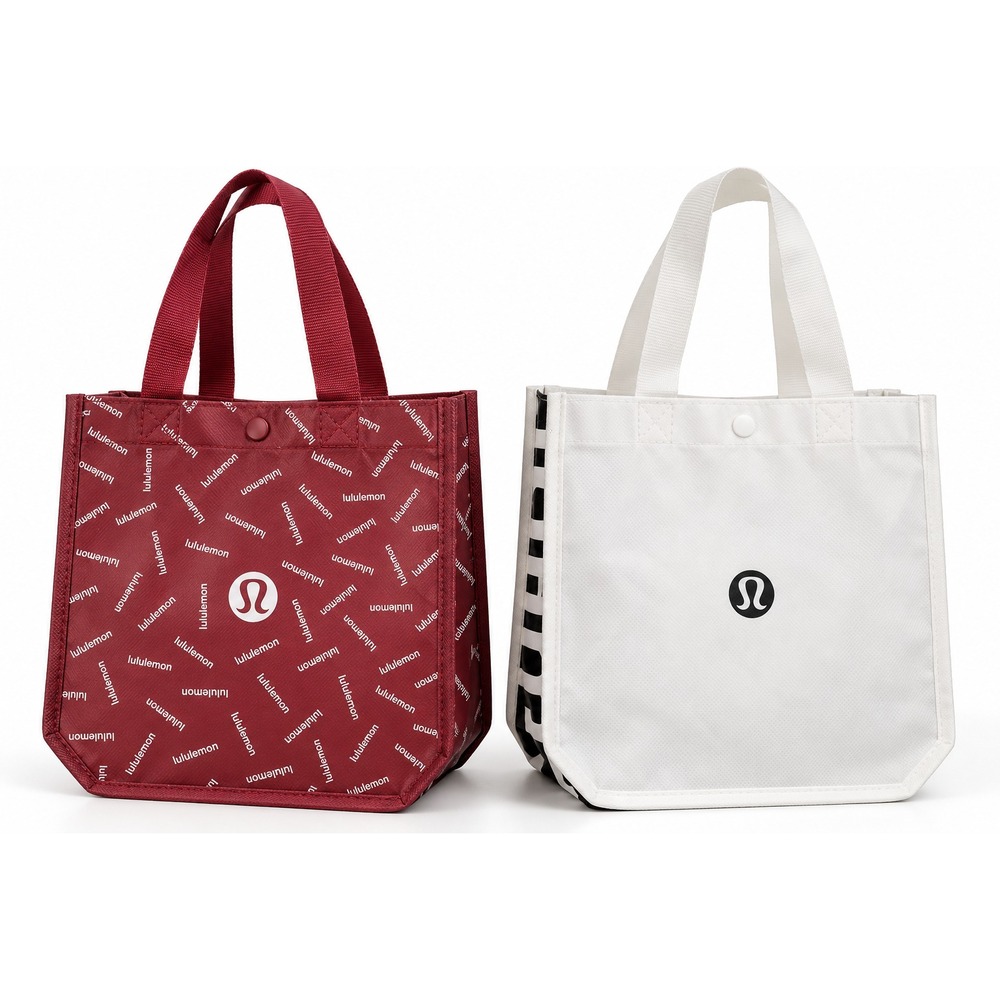 Lululemon Reusable Shopping Tote Bags Lot 2 Burgundy Logo Print White Black Snap